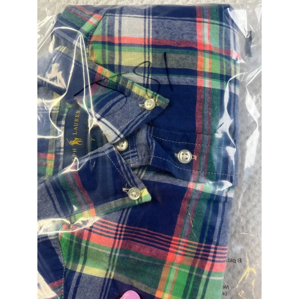 Ralph Lauren Boys Size 7 Plaid Short Sleeve Button Down Shirt Blue Green Orange